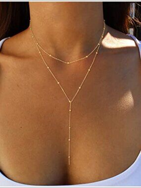 14k Yellow Gold Y-Shaped Lariat Necklace Dainty Layered Beaded Chain